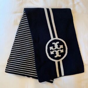 Tory Burch Striped Wool Scarf in Navy and Cream